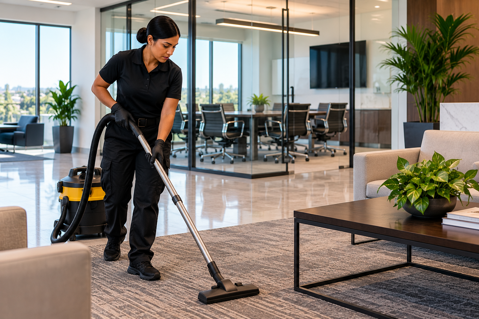 Professional cleaner vacuuming a rug in a modern office lounge
